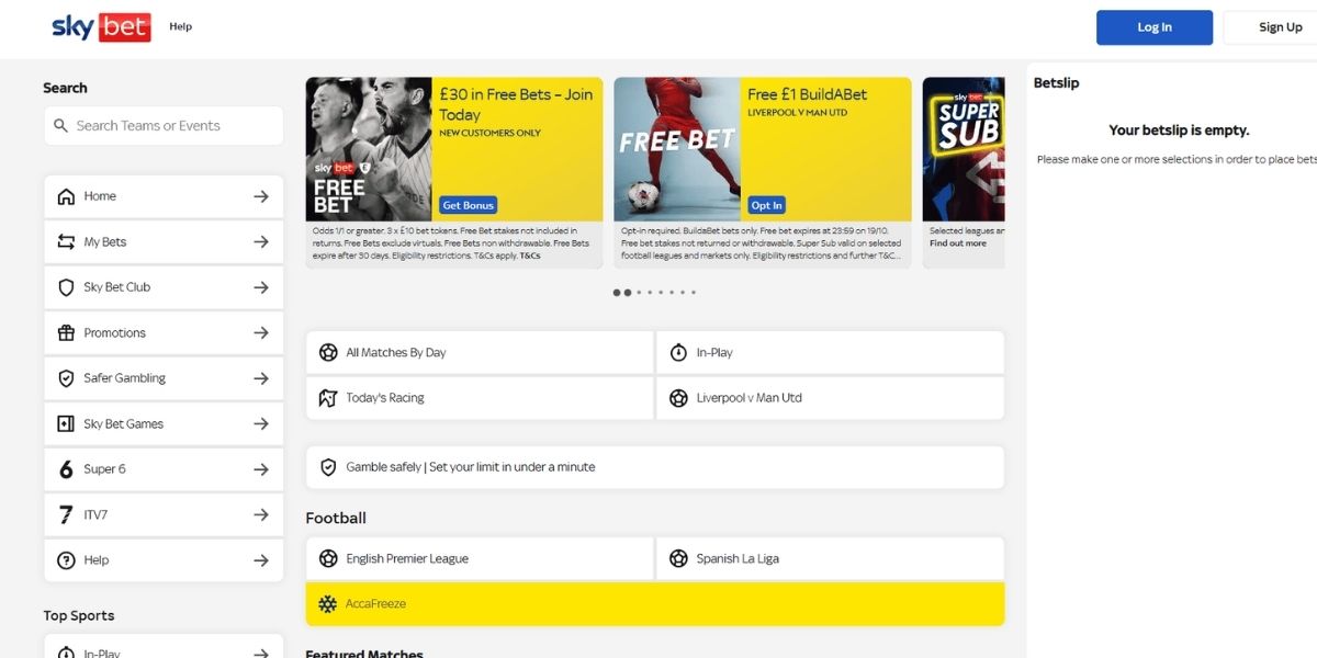 Screenshot of the Sky Casino website